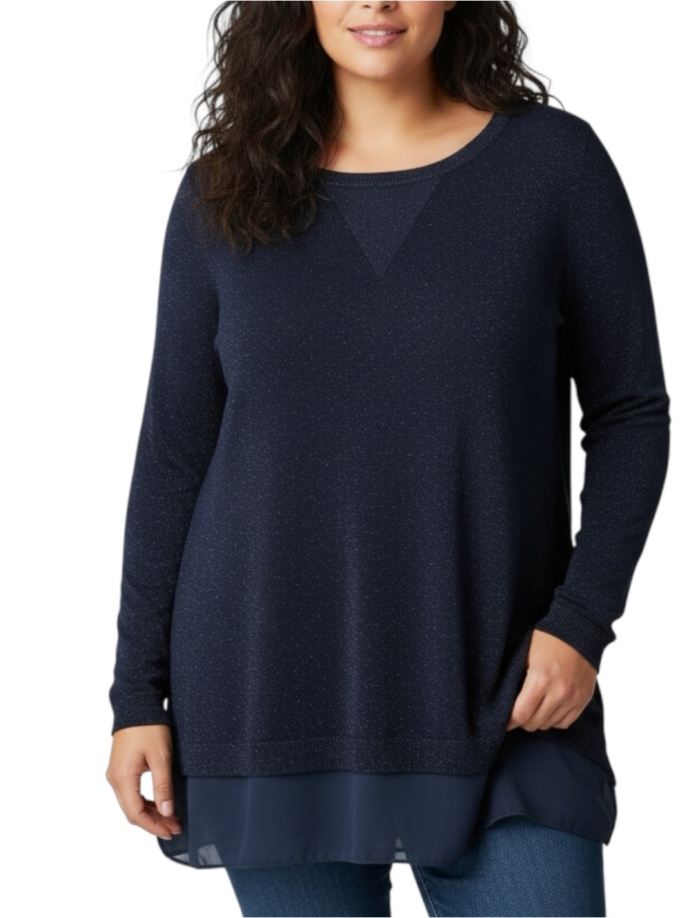 New NWT Belldini Sz 2X Sparkle Navy Layered Chiffon Hem Long Sleeve Sweater